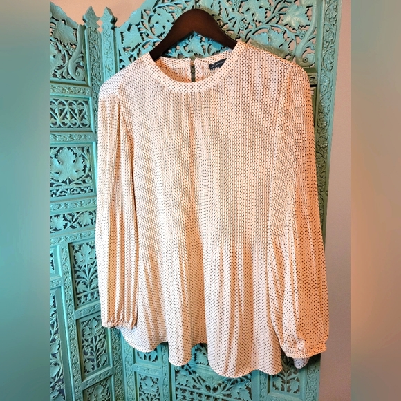 Adrianna Papell | Polka Dot Pleated Bishop Sleeve Blouse | Peach | Large - Picture 3 of 12